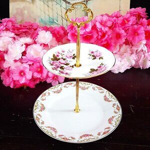 Handmade 2 Tier Cake Stand Pink Roses Jewelry Trinket Tray Tea Party Decor Gift